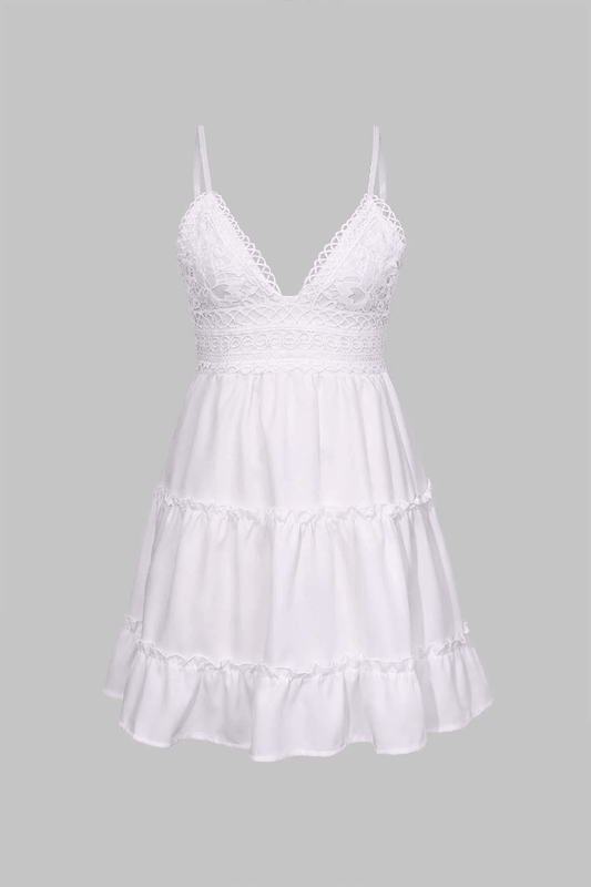 White French Lace V Neck Ruffle Hem Mini Dress