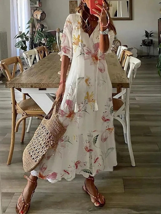 Women's Short Sleeve V-Neck Bohemian Summer Dress | Maxi