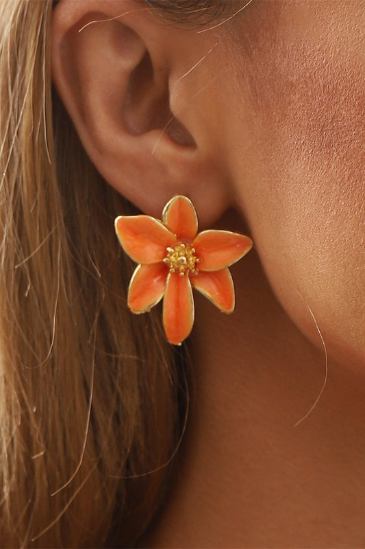 Orange Floral Enamel Earrings with Gold Detail for Women - Norma
