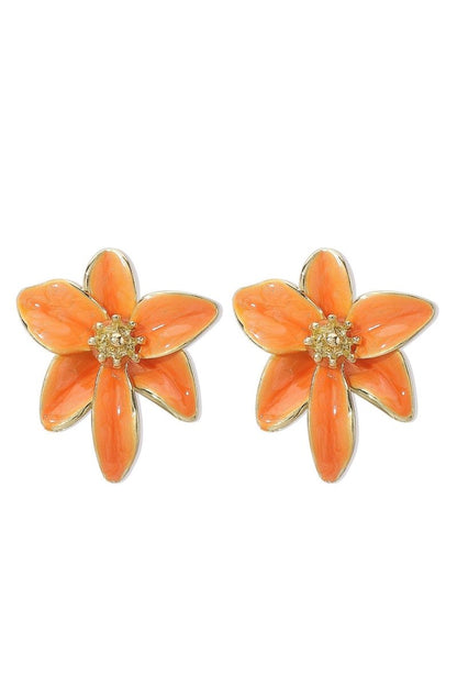 Orange Floral Enamel Earrings with Gold Detail for Women - Norma