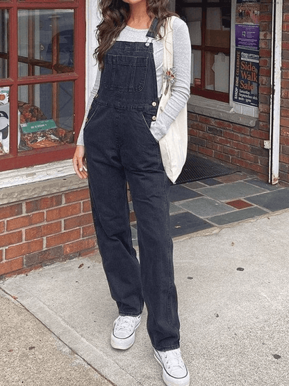 Black Vintage Washed Straight Leg Denim Overall