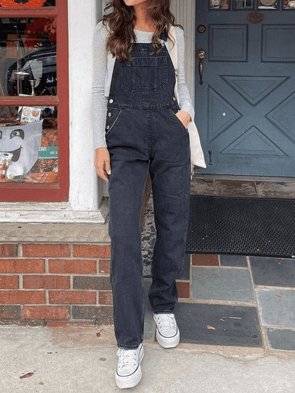 Black Vintage Washed Straight Leg Denim Overall