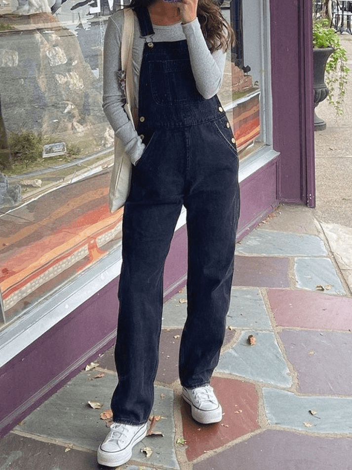 Black Vintage Washed Straight Leg Denim Overall