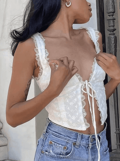 White Tie Front Lace Cropped Tank Top