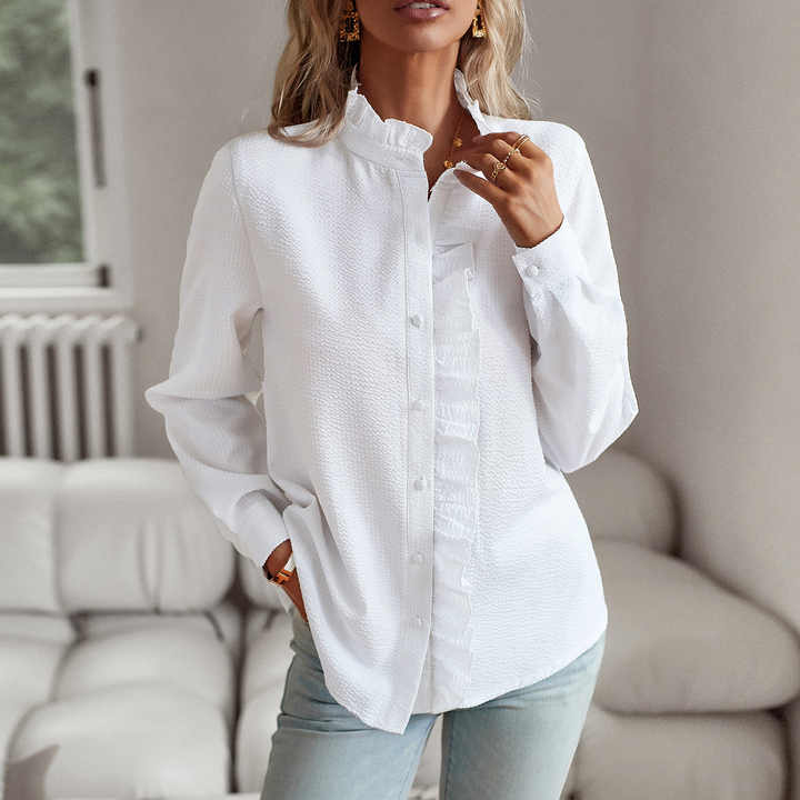 Women's Ruffled Trim Button-Up Blouse | Long Sleeve