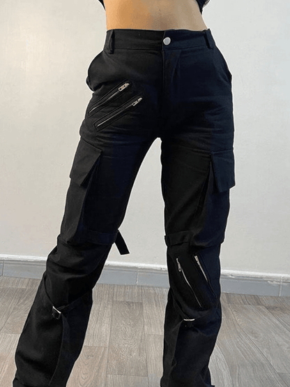 Pantalones cargo negros con detalle de tiras y cremallera estilo hip hop