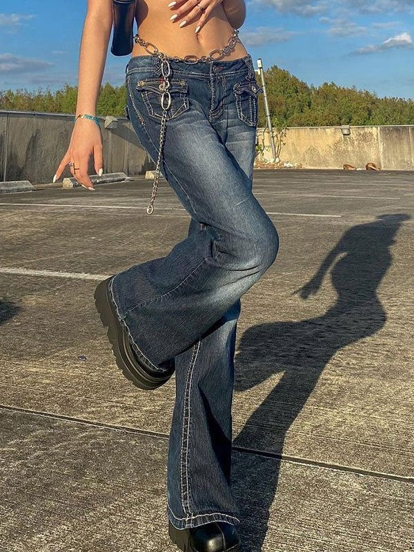 Faded vintage cargo jeans flared pants with pockets