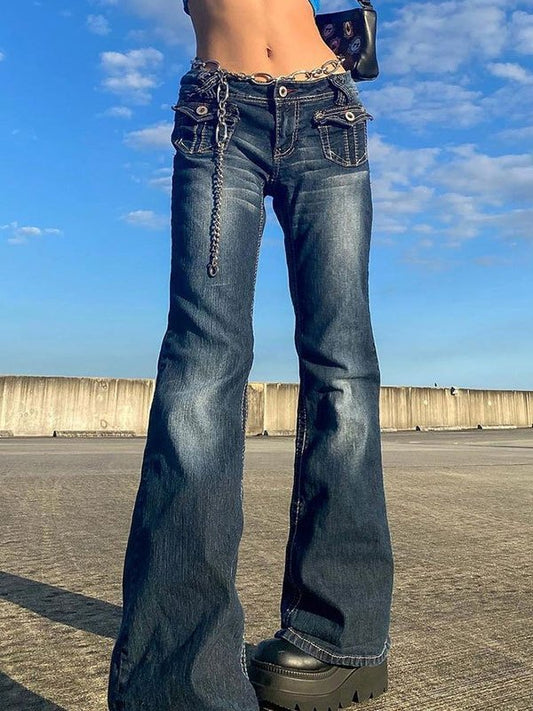 Faded vintage cargo jeans flared pants with pockets