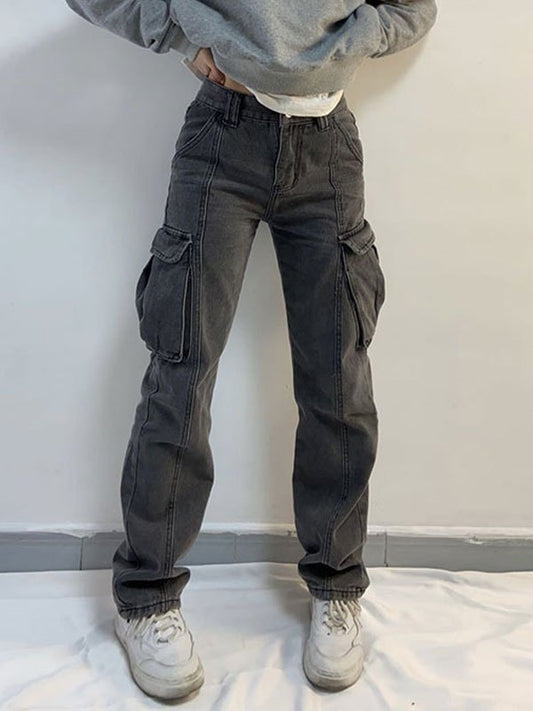 Mid-rise faded gray cargo jeans