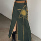 Embroidered denim maxi skirt with slit and vintage star