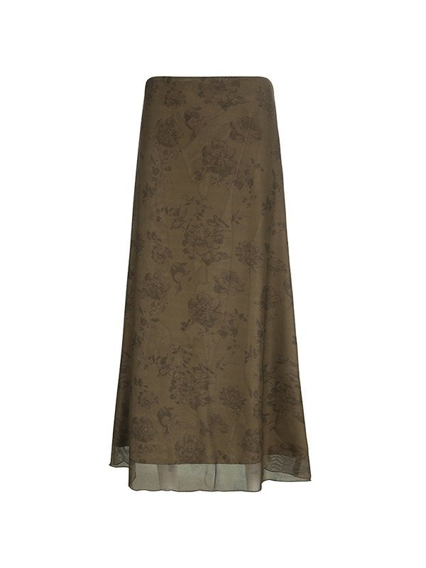 Brown vintage floral mesh maxi skirt