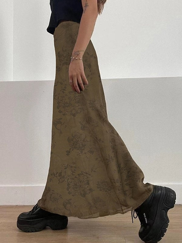Brown vintage floral mesh maxi skirt