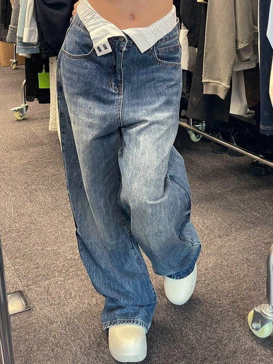 Foldable waist boyfriend jeans with patchwork