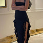 Black asymmetric bandeau maxi dress with ruffles
