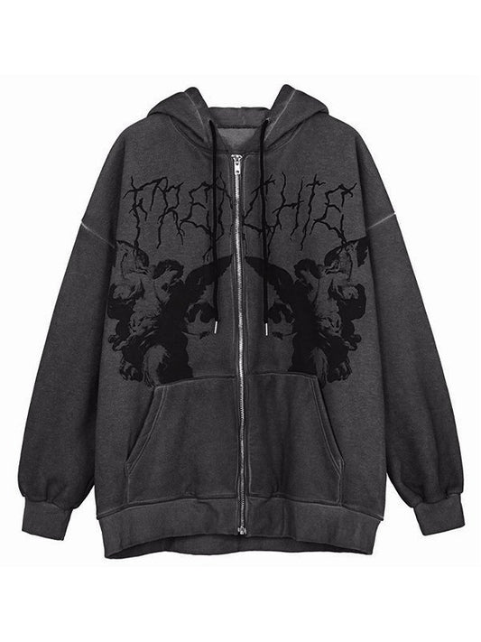 Black hoodie with zipper and angel motif