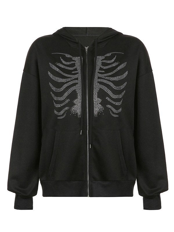 Black hoodie with zipper and rhinestone skull
