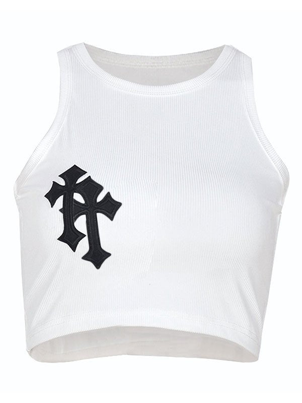 White crop tank top with knitted cross patches
