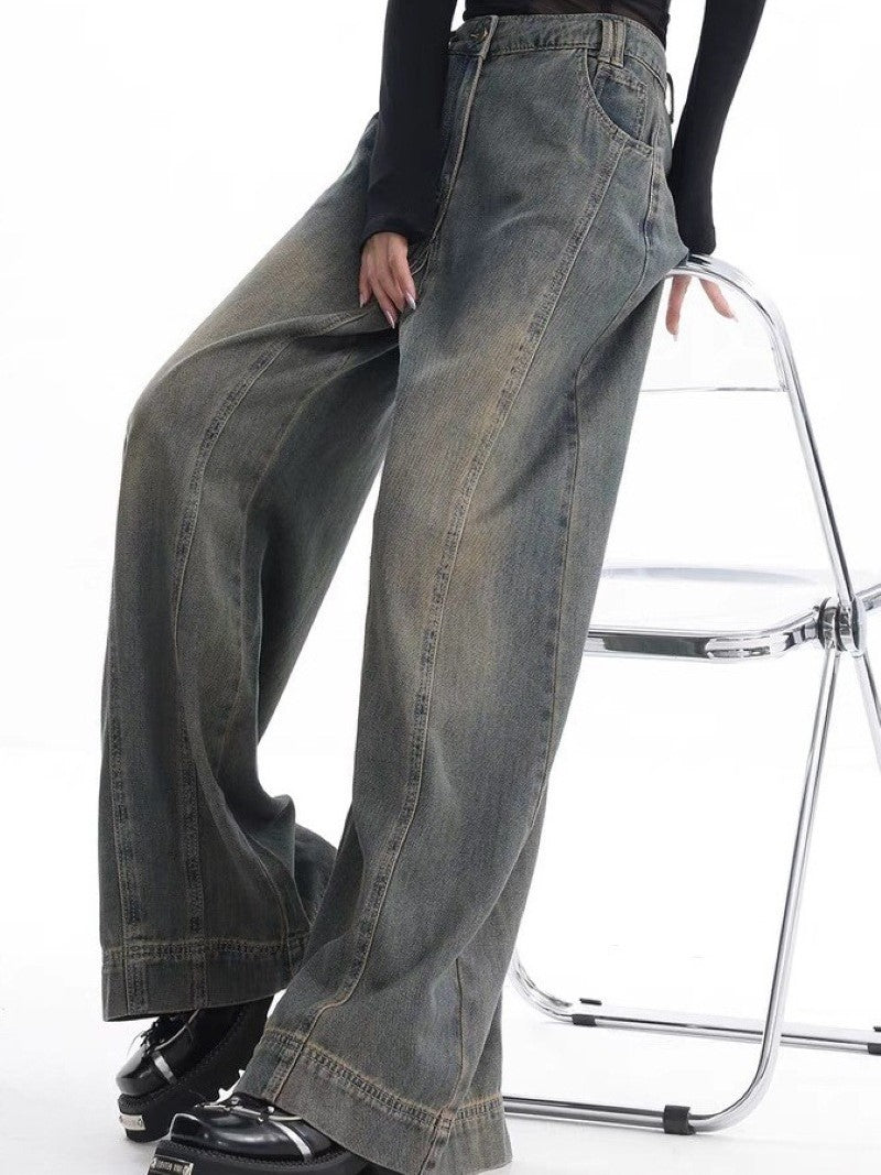 Vintage Verwaschene Baggy Boyfriend Jeans mit Gestickten Streifen